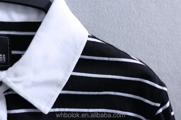 
Black and white double collar shirt for men striped fine knit golf polo shirt for male 