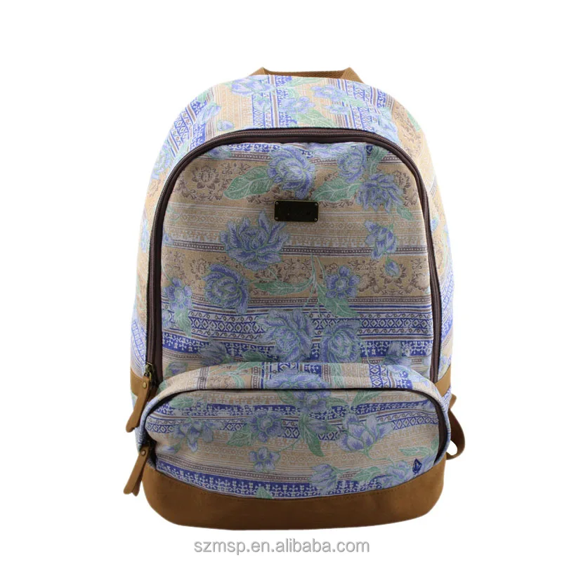 Eco-friendly floral reactive  canvas backpack 30L, daily basic backpack for lady with brown  suede bottom