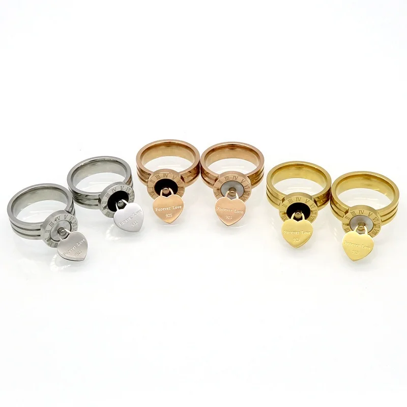 Loving Rome Digital Disc Shell Agate Ring Hanging Heart Forever Love Pendant Stainless Steel Rings for valentines gifts