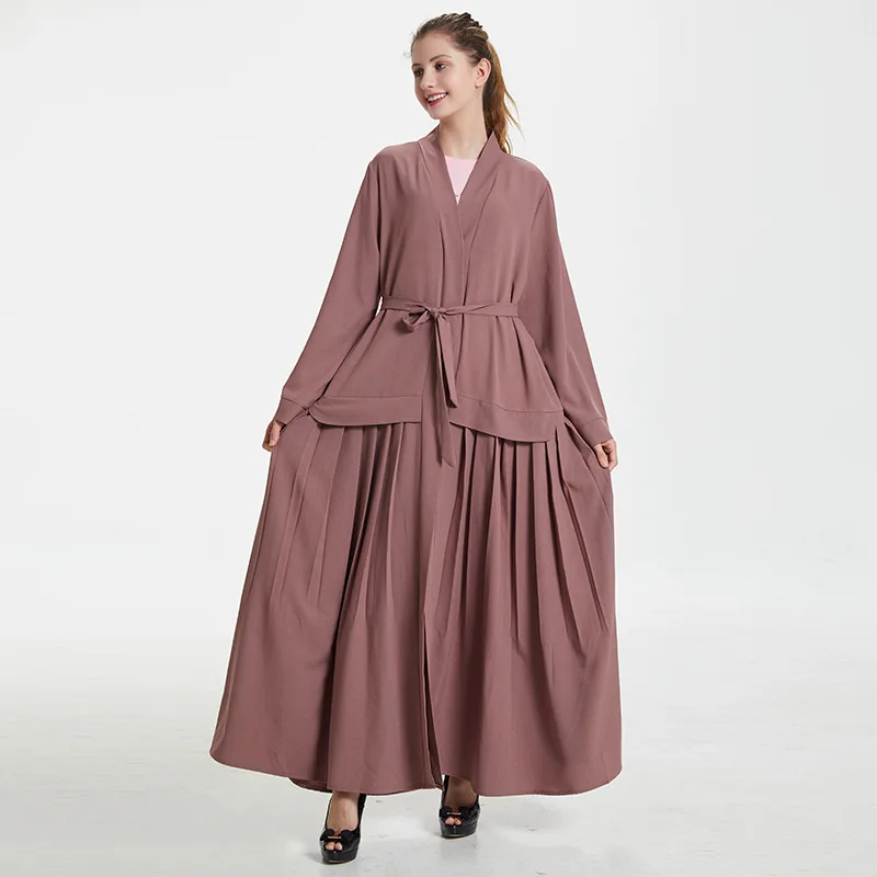 2018 Autumn new arrive arab tunic robes with belt front open muslim abaya dress solid color islamic clothing collections