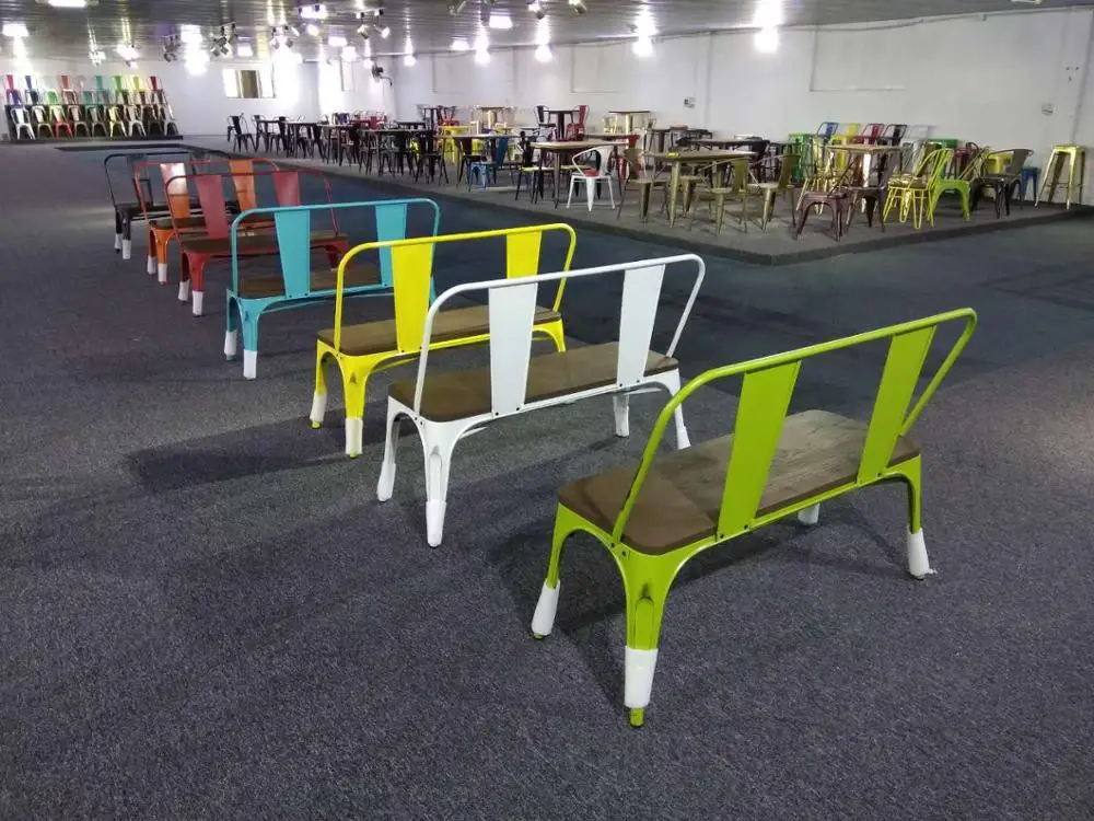 2 Seater Backrest Natural Pinewood Top Metal Frame Patio Garden Kitchen Dining Bench Chair