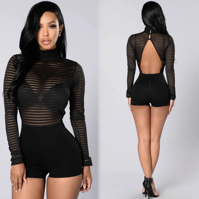 Соблазнительные Черные Комбинезоны из смеси хлопка с круглым вырезом, длинными рукавами и открытой спиной, элегантные облегающие комбинезоны с комбинезоном