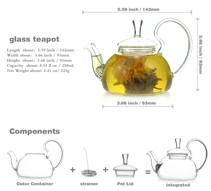 small Heat resistant Clear Glass Teapot ,China gongfu Tea Sets 250ml