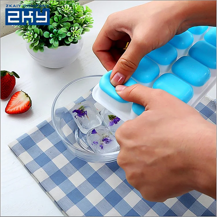 Stackable Durable 14 Cavities Food Freezer Storage Tray Silicon Ice Cube Mold With Lid