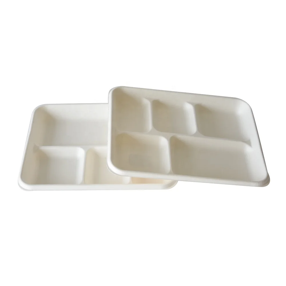 biodegradable disposable sugarcane bagasse wheat straw fiber 5 compartments plate tray