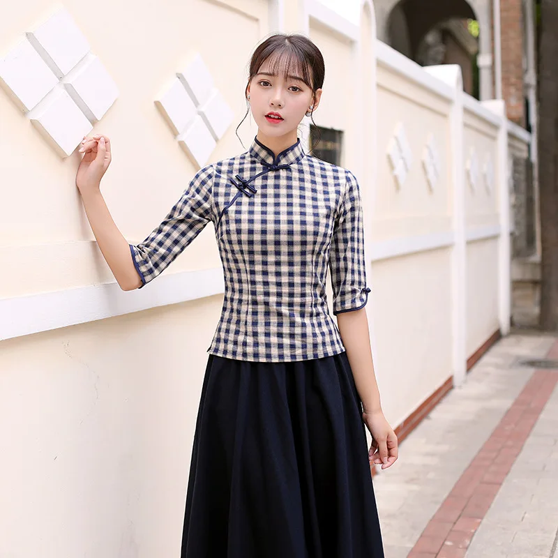 traditional chinese style cheongsam set vintage plaid tops+blue skirt