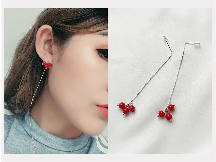 
2021 Korean version temperament long earline simple red pearl cherry earline FOR WOMEN 