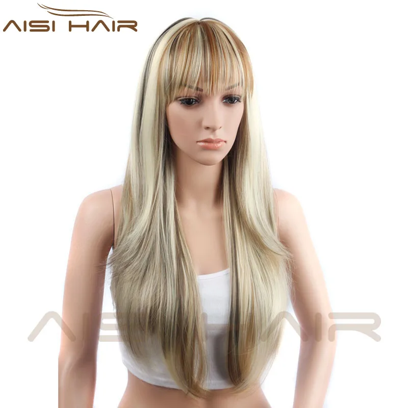 Aisi Hair Wholesale Price Long Silky Straight Wigs Heat Resistant Synthetic Mixed Blonde Wigs With Neat Bang For Women