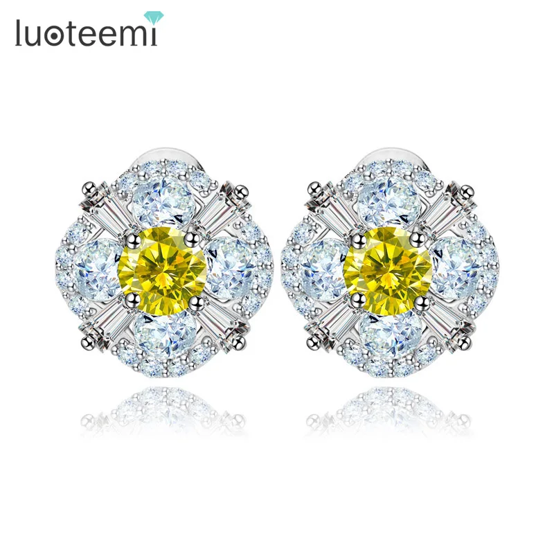 LUOTEEMI Luxury White Gold Plated Yellow Cubic Zircon Women Flower Daily Wear Shining Fancy Stud Earrings Cheap Wholesale 2015