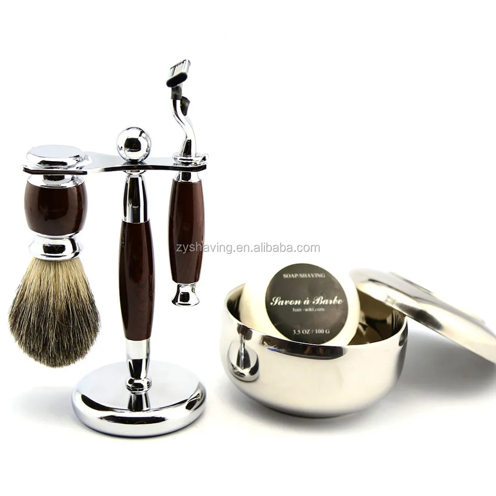 ZYshaving Hot Sale 5in1  HIgh Quality Badger Hair Mens Stand Badger Hair Brush Safety Razor Soap Bowl Barber Shaving Set
