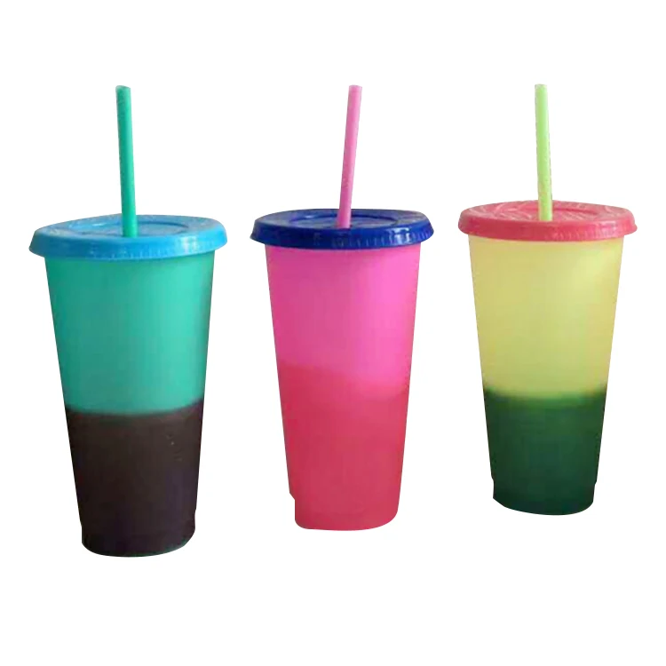 12/16/24OZ BPA free Custom silkscreen logo plastic cup with straw cold coffee color changing tumble