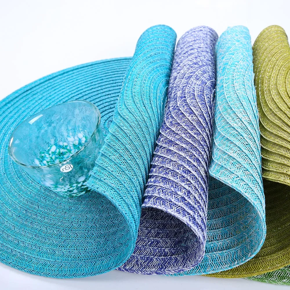 Non slip reach passed customized size cheap indoor hot food chinese heat resistant table mats pvc vinyl round woven placemat