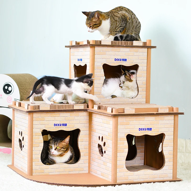DEKU luxury  house Shape cat tower  flat package corrugated cardboard cat scratcher with free catnip manufacturer offer OME