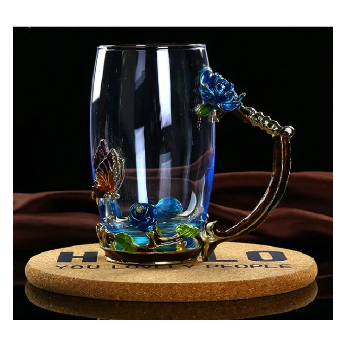unique design flower tea cup  300-400ml  customized Logo glass tea mug with abnormal handle