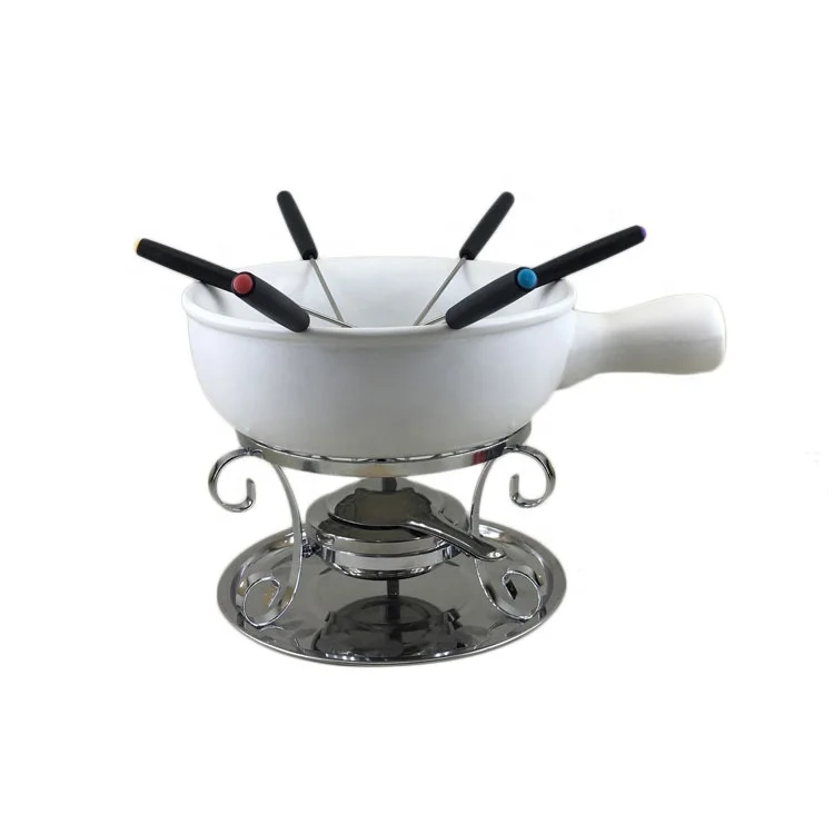 French style heat resistant western hotel ceramic sterno white fondue pot with stand
