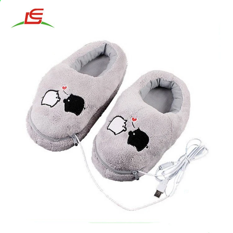 New Gray PC Electric Heating Slippers Heated Shoes Foot Warmer Piggy Plush USB Laptop