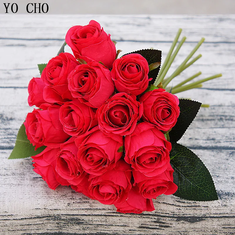 Artificial  wedding flowers home decoration cheap artificial red rose flower high quality silk rose flower bunch rose