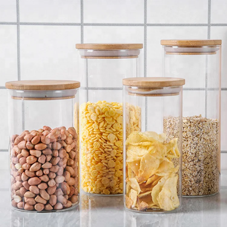 Borosilicate glass storage jar with bamboo lid for tube shaped glass storage jar for glass spice jar with metal lid