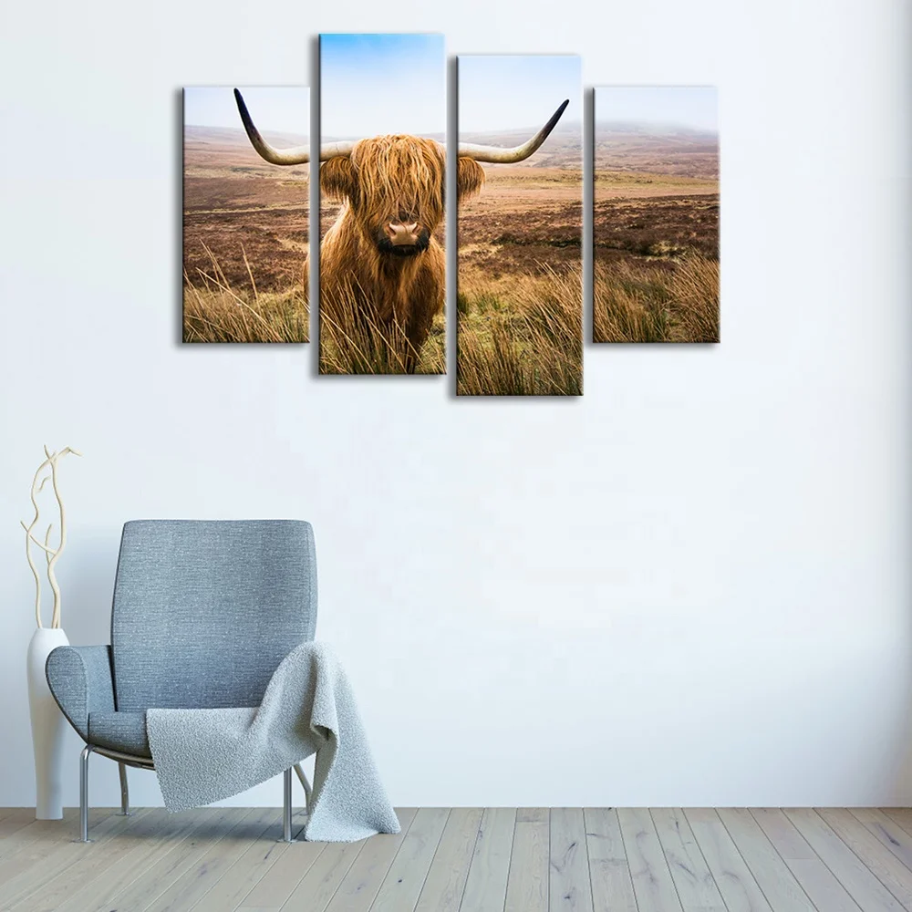 4 Panels Cow Wall Art for Home Decoration Texas Longhorn Pictures Extra Large Animal Wildlife Wall Decor Print on Canvas