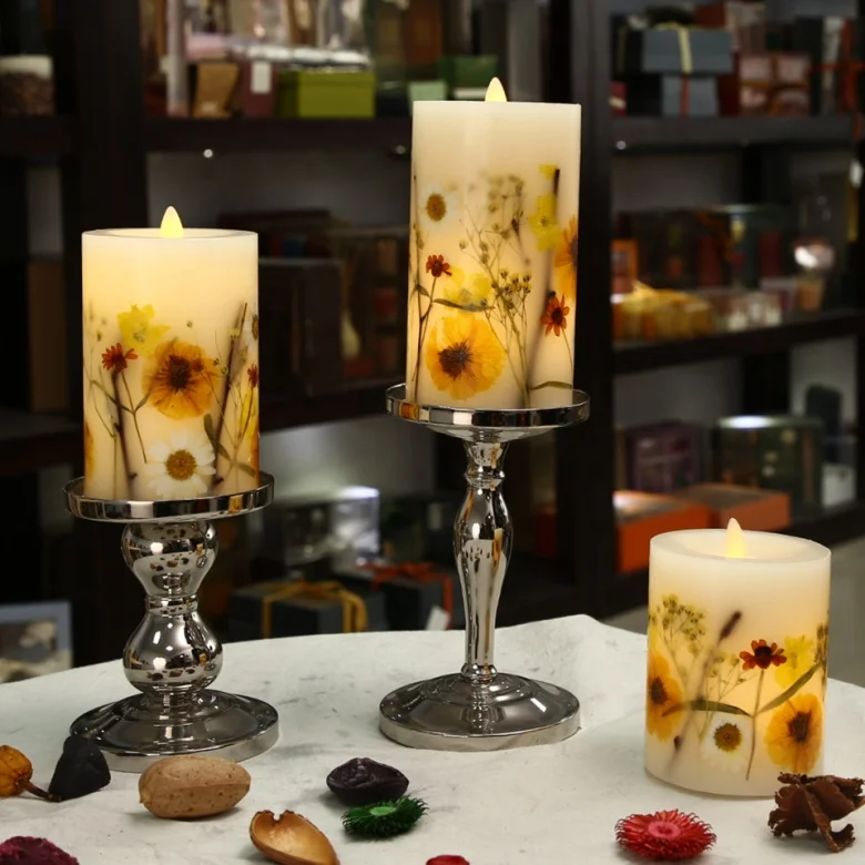 Battery operated moving flame led book scented candle with flower pattern