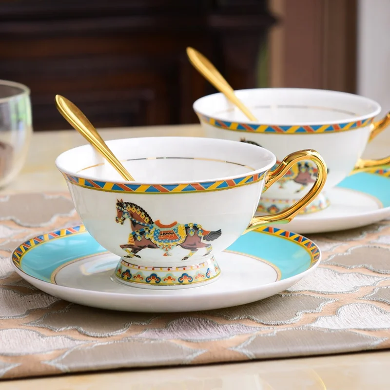 Royal ceramic horse tea cup with dish blue fine bone china coffee and saucer set with your logo