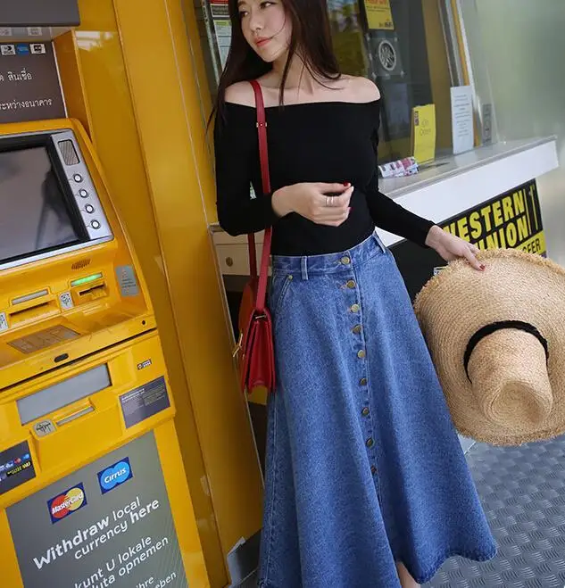 Fashion Women A Line Denim Maxi Skirt Wholesale Long Denim Skirts