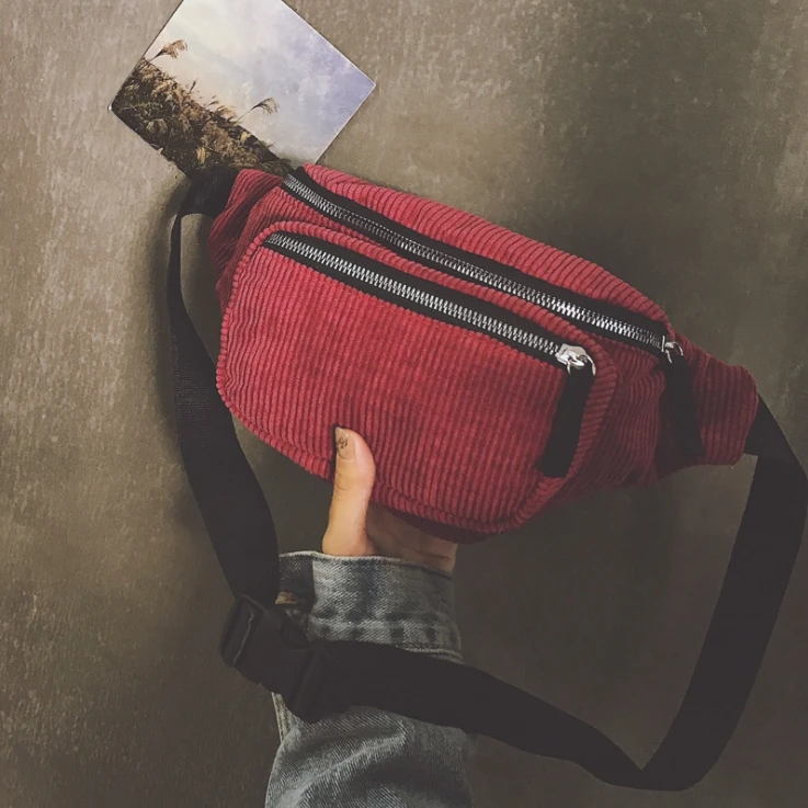 New Leisure Zipper Corduroy Messenger Bag Chest Waist Bag Packs For Ladies