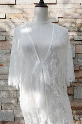 2019 Sexy Transparent Long Lace Beach Tunic Kimono Cardigan Half Sleeve Embroidery Shirt Women Top Blouse Robe Sarong De Plage