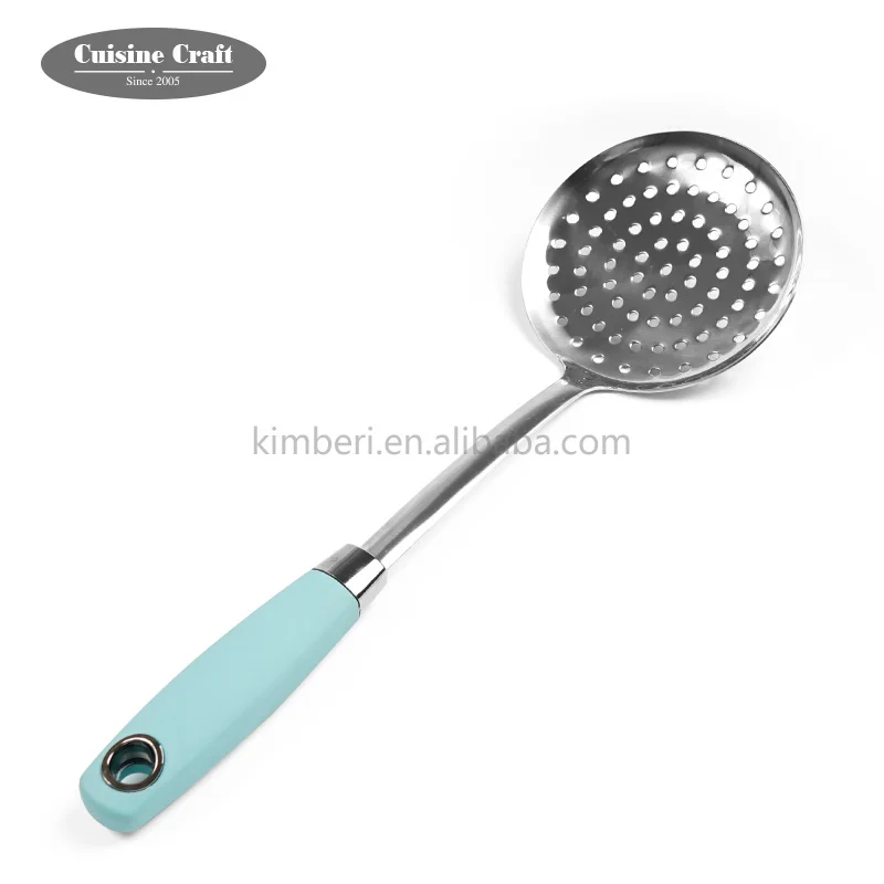 Hot selling kitchen utensils stainless steel strainer filter oil skimmer with blue comfort handle