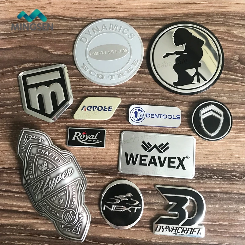 custom brand logo stamping raised adhesive aluminum sticker