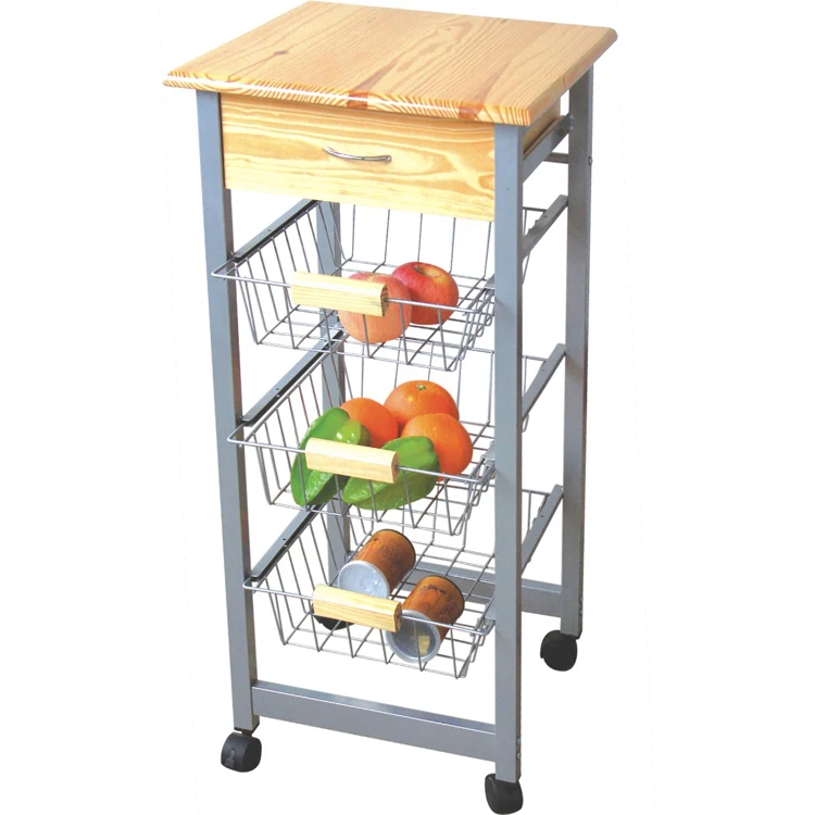 
Hot Sales Pine Wood Kitchen Trolley With Baskets 
