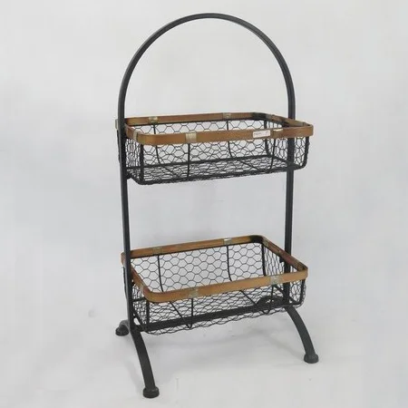 Antique Double-deck Black Paint Iron Bamboo Storage Baskets
