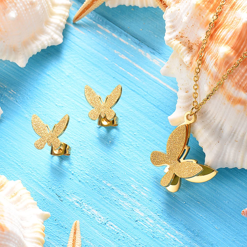 BAOYAN Оптовая Продажа 18K позолоченная бабочка из нержавеющей стали свадебный комплект ювелирных изделий, ожерелье бабочка из нержавеющей стали