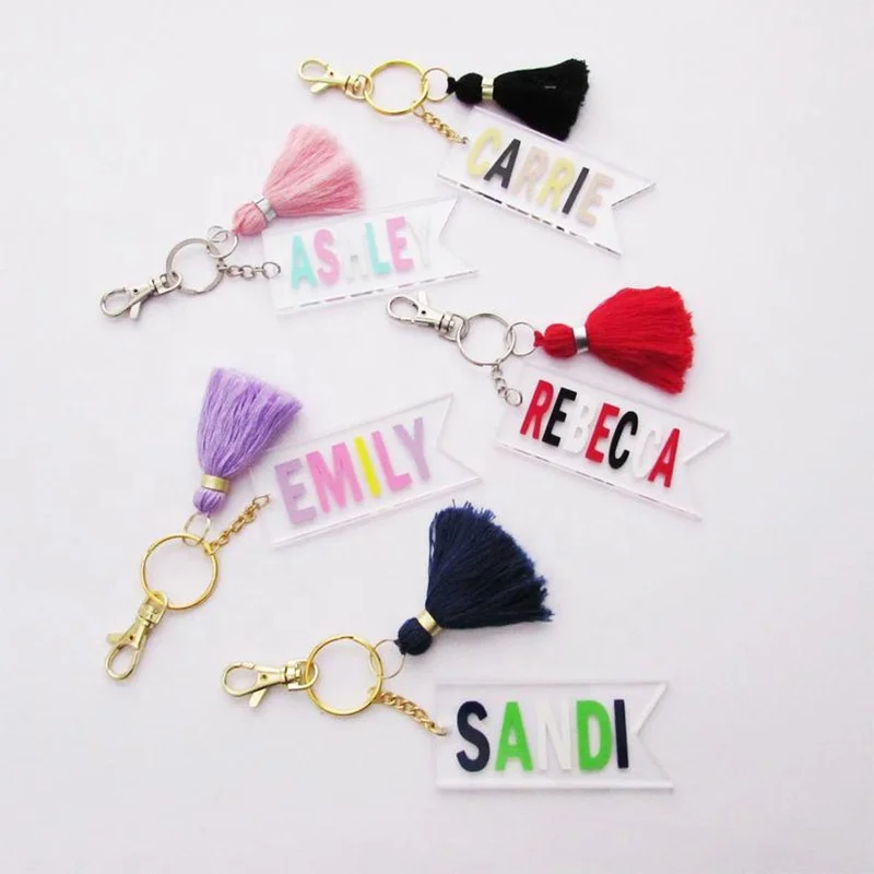 Personalized Acrylic Monogram Flag Keychain with Tassel  Key Chain