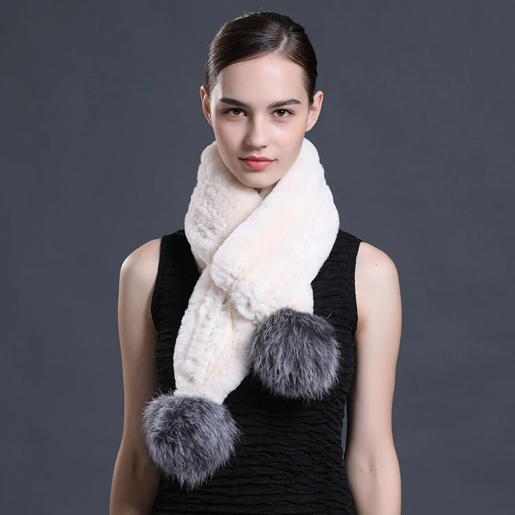 CX-S-109A Hot Sale Hand Knitted Scarves Rex Rabbit Fur Scarf with Fox Fur Pompom