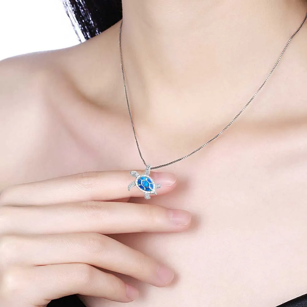 
Australia Blue Fire Opal Sea Turtle Jewelry Sets Stud Earrings Pendant Necklace Birthstone Jewelry Gift 