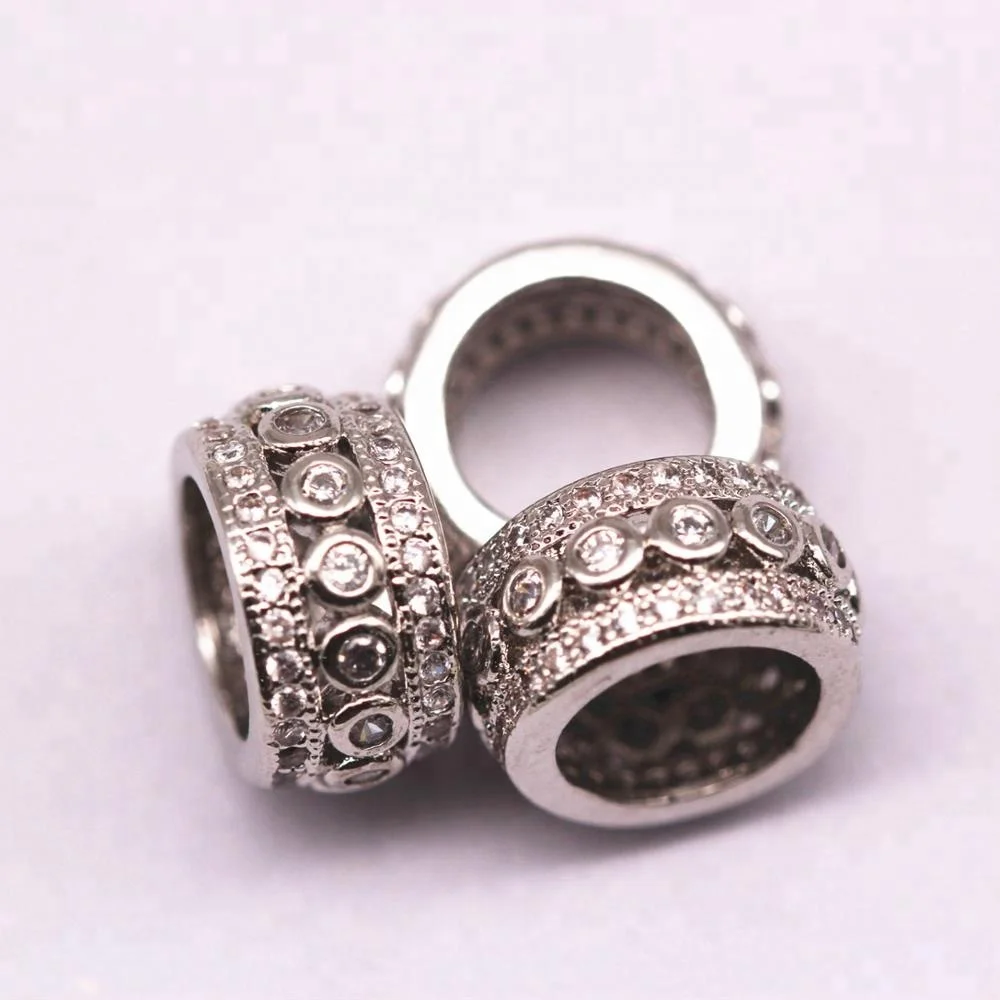 Meaning Mirco Pave Clear Zircon Large Hole Flat Wheel Shape Copper Charm Beads for Jewelry Making