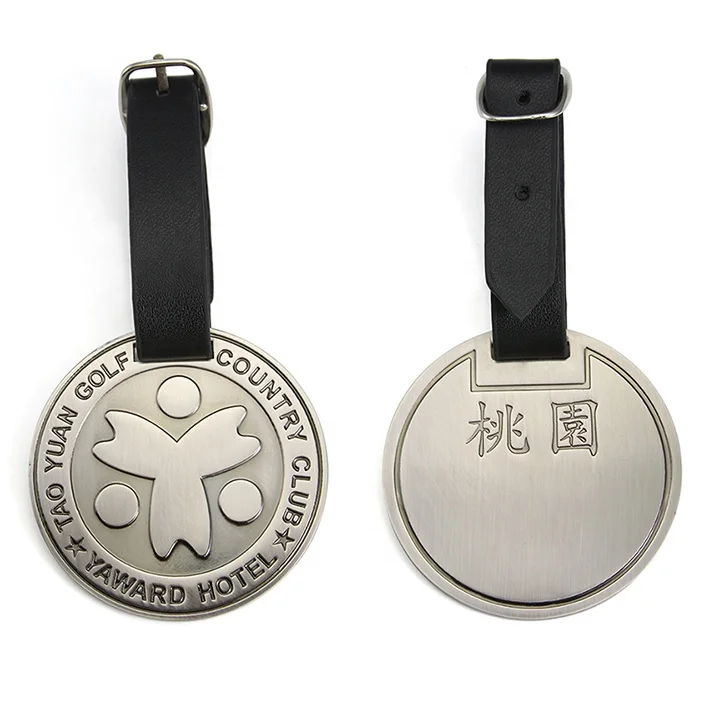 Custom metal golf travel bag tag antique finishing with PU leather strap