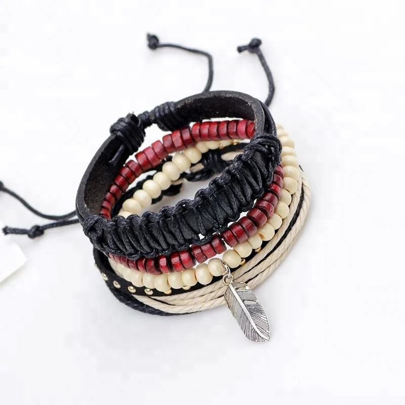 Bohemia Women Men Wood Beads Alloy Feather Charm Layers Rope Stretched Leather Bracelet