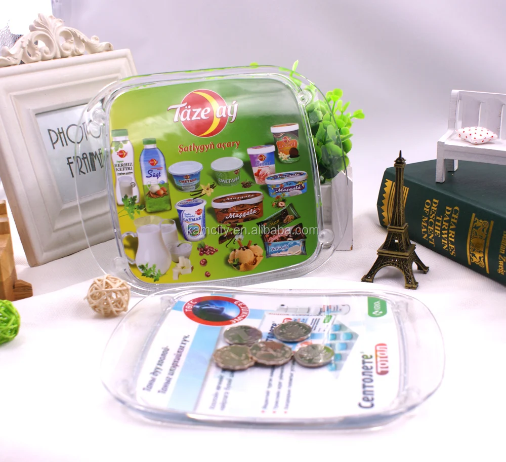 
customized Acrylic Coin tray , logo printed serving trays with low MOQ 