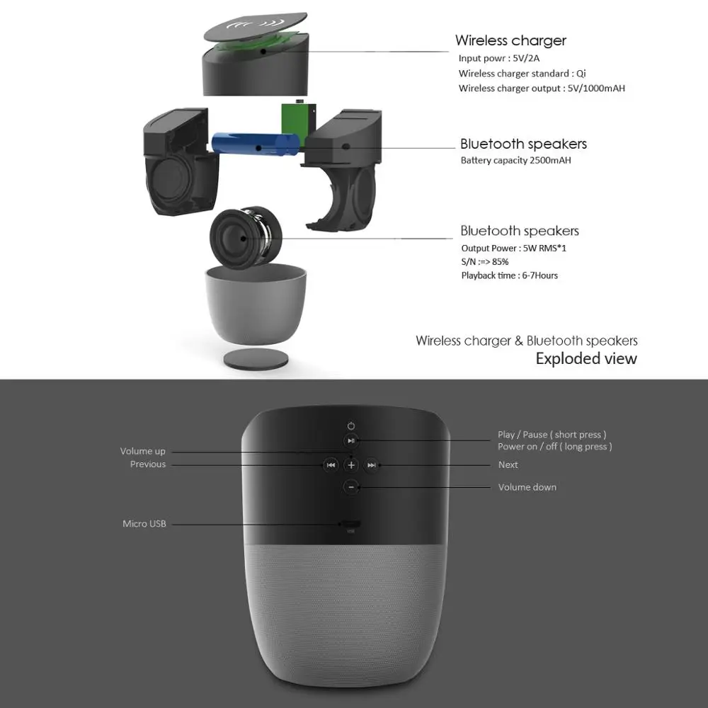 
Wireless charger A1 AC100-240 DC5V 2A 1800mah 5W Qi BT4.2 Speaker with Phone Holder new QI wireless charger 
