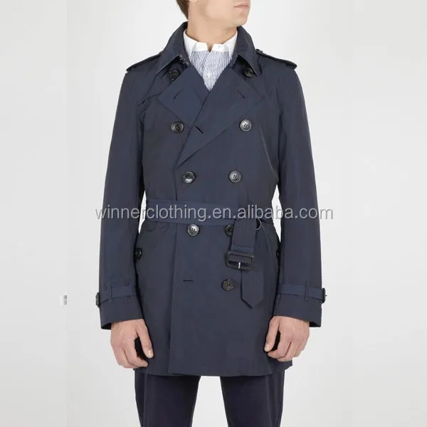 2014 fashion double breasted belted short navy blue trench coat men