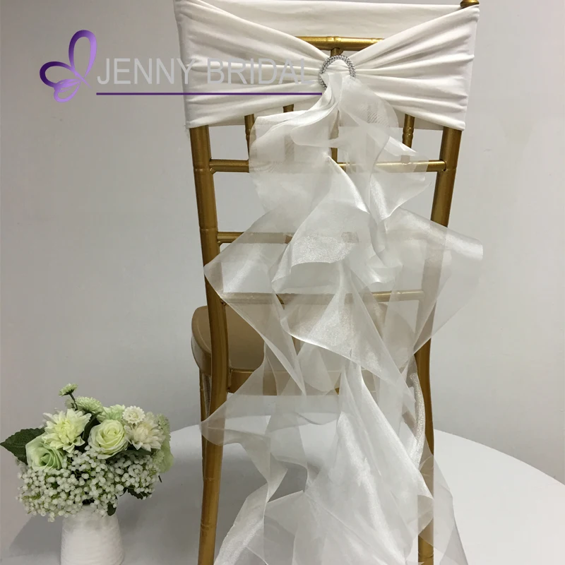 C308 cheap white organza ruffles stretch wedding chair cover sashes with buckle