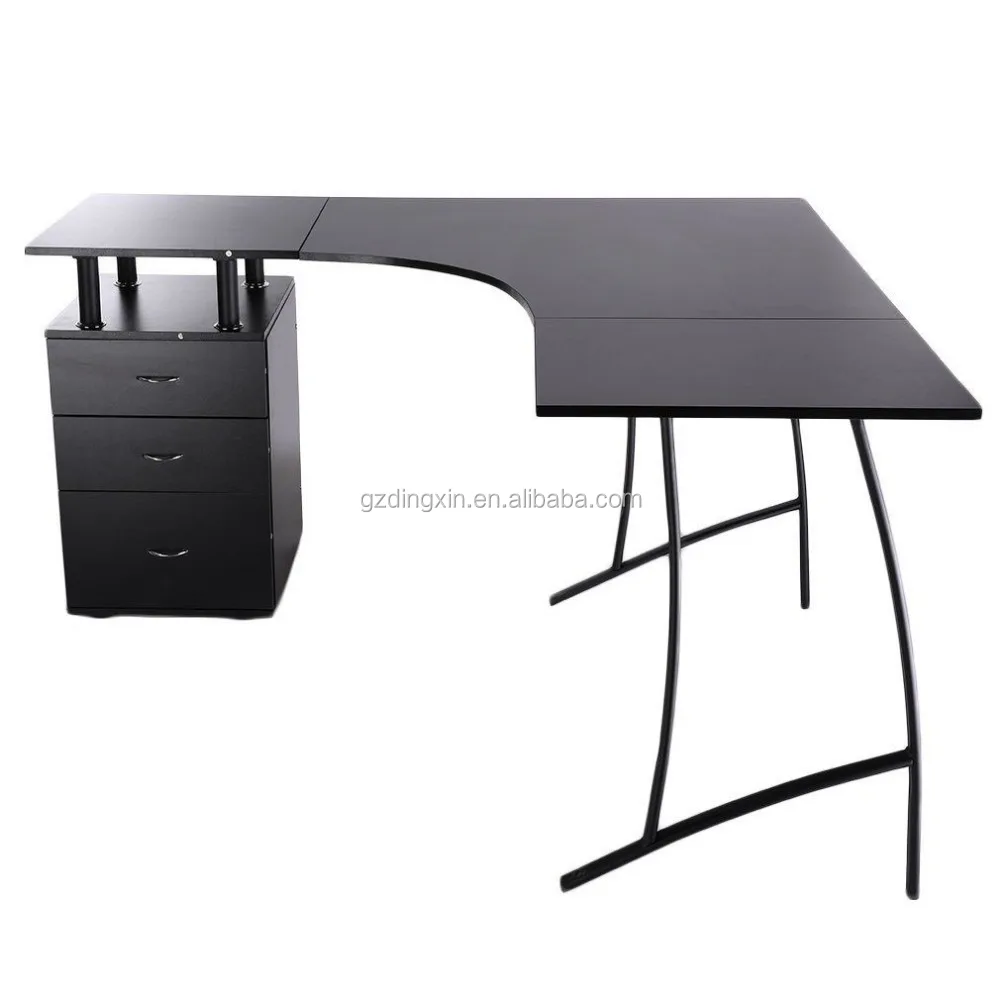 Black Corner Computer Desk Home Office PC Table with 3 Drawers L-Shaped