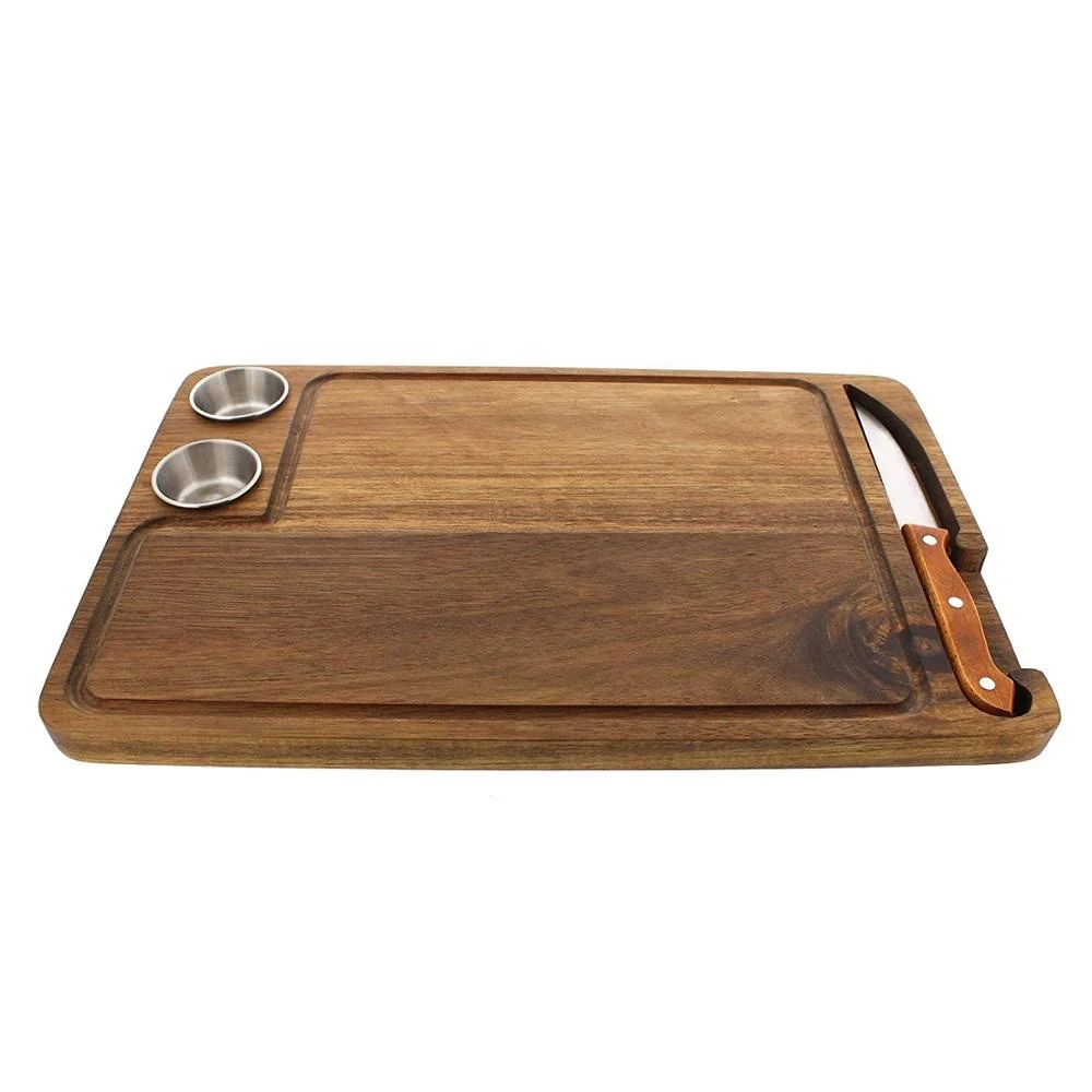 Premium Acacia Wood serving  board for cheese,Wooden cheese Cutting Board with Sauce Cups & Knife