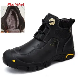 Мужские Теплые ботильоны из воловьей кожи, коричневые ботинки с плюшевой подкладкой, Рабочая обувь для снега, уличные ботинки для снега, зима 2019