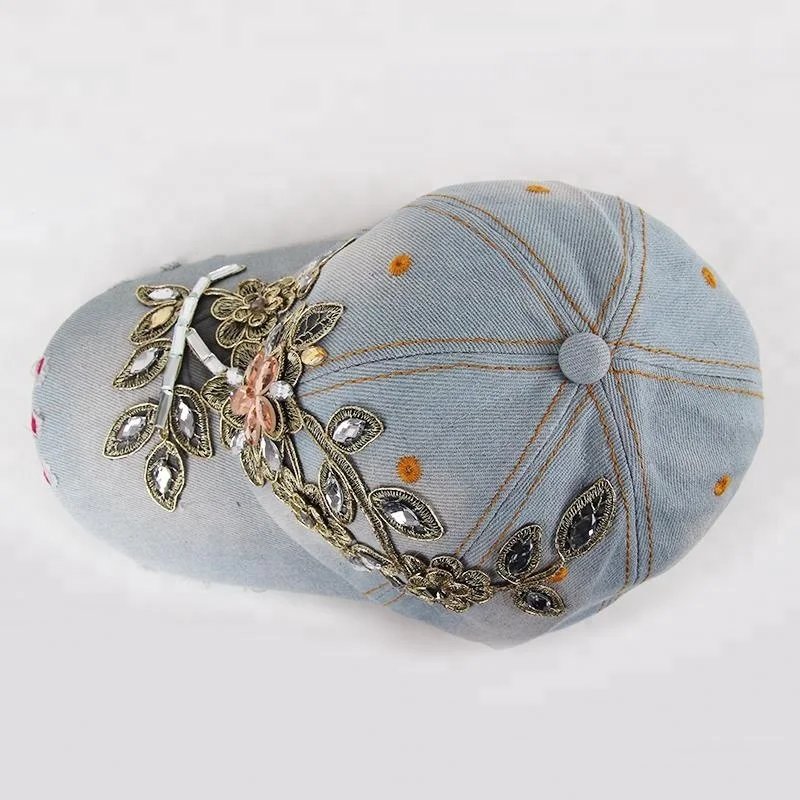 Embroidered Vine Baseball Cap Paste Rhinestone Manufacturer from China Sport daily and Sun Hat 6-panel Hat Plain Adjustable