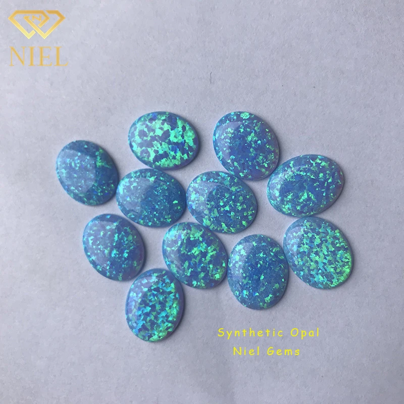 Hot sale 8x10mm synthetic fire blue opal cabochon lab created stone price per gram for necklace or bracelet