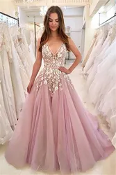 Wholesale Sexy V Neck Pink Prom Dress Long Tulle Lace  Evening Dresses Gowns Personalized