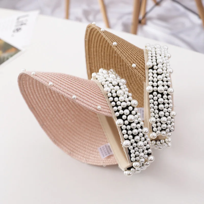 2019 hot selling korean version summer children sunscreen net red handmade pearls empty top baby outdoor beach hat